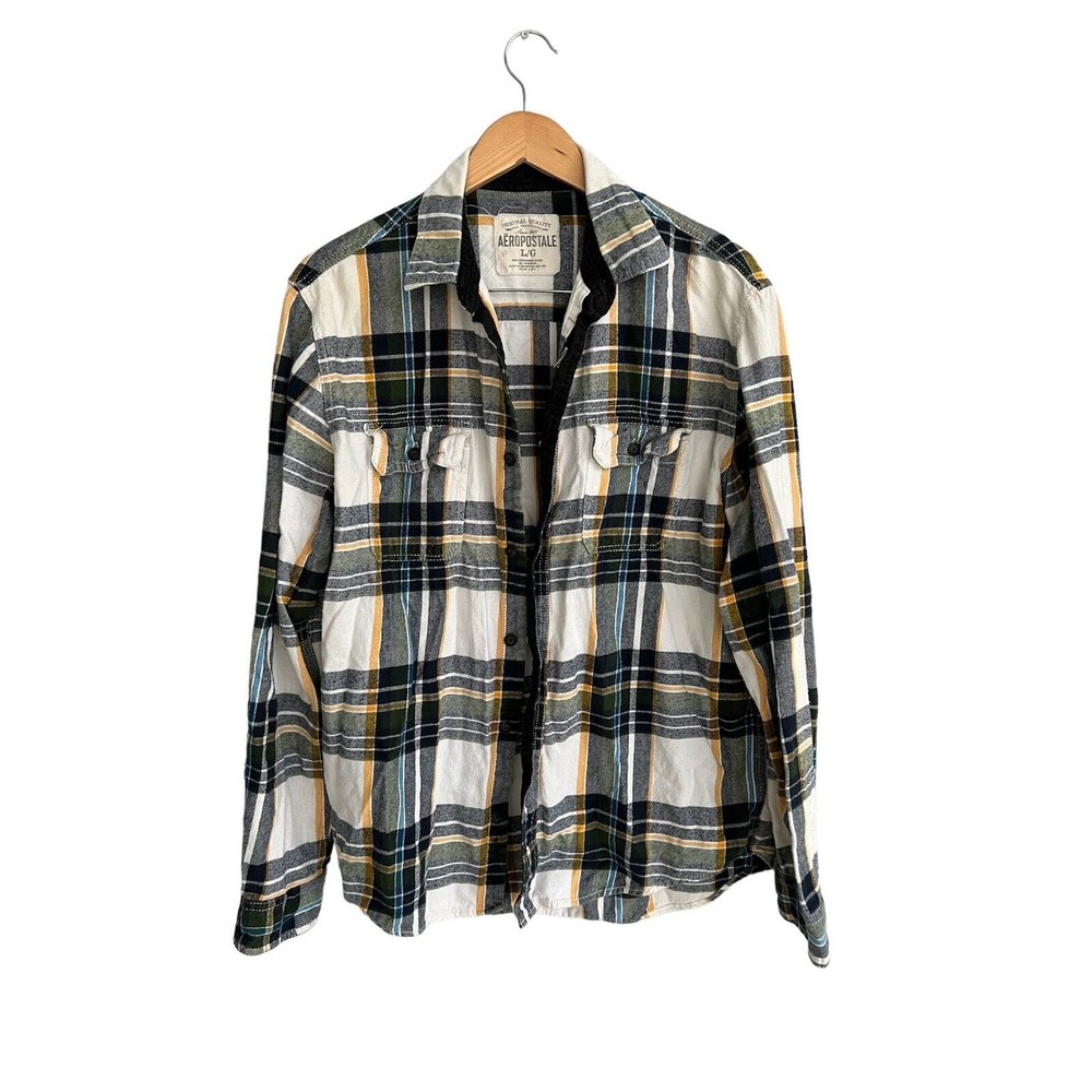 Aeropostale Flannel style plaid blue yellow white mens button down long sleeve L